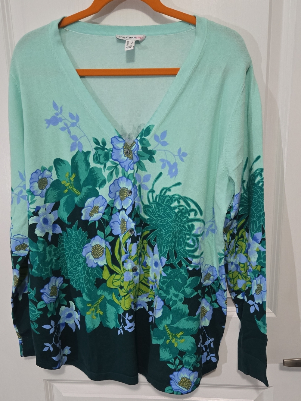 Isaac Mizrahi Live Floral V-Neck Long Sleeve Cardigan - Mint & Teal Size L